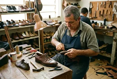 Sapateiro trabalhando na reforma de sapatos sociais em Catalão.