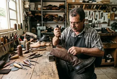 Sapateiro reparando o zíper de uma bota em Catalão.