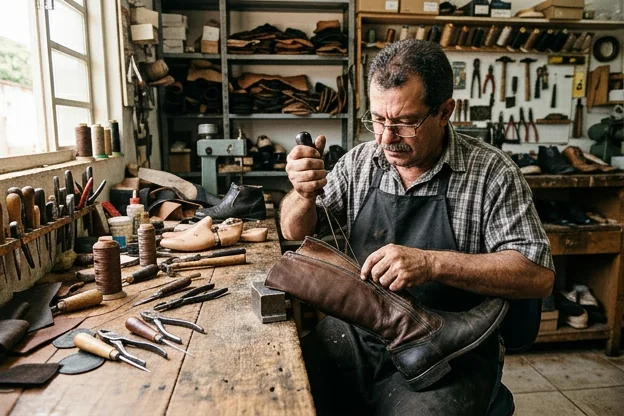 Sapateiro reparando o zíper de uma bota em Catalão.