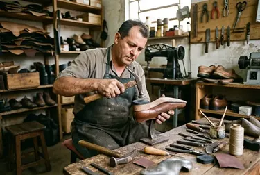 Sapateiro executando a troca do salto de um par de sapatos em Catalão.