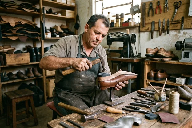 Sapateiro executando a troca do salto de um par de sapatos em Catalão.