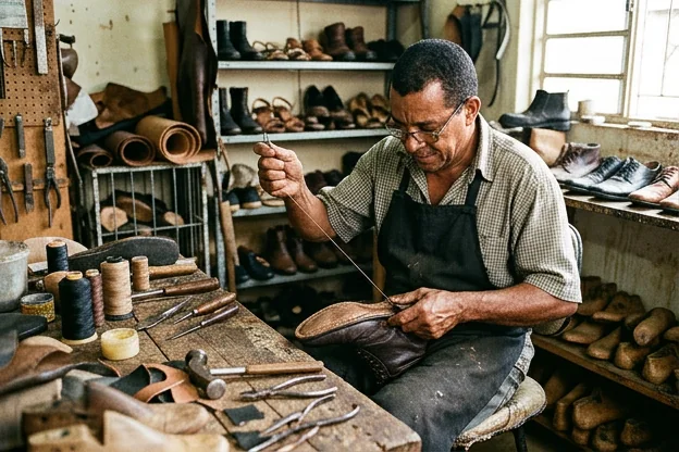 Sapateiro realizando trabalho em Catalão.
