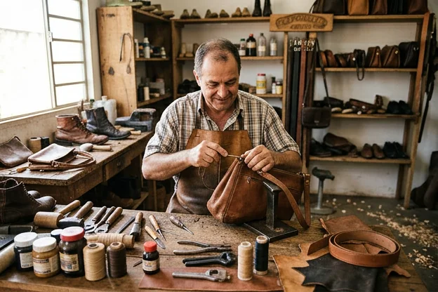 Sapateiro realizando reforma em bolsas de couro em Catalão.